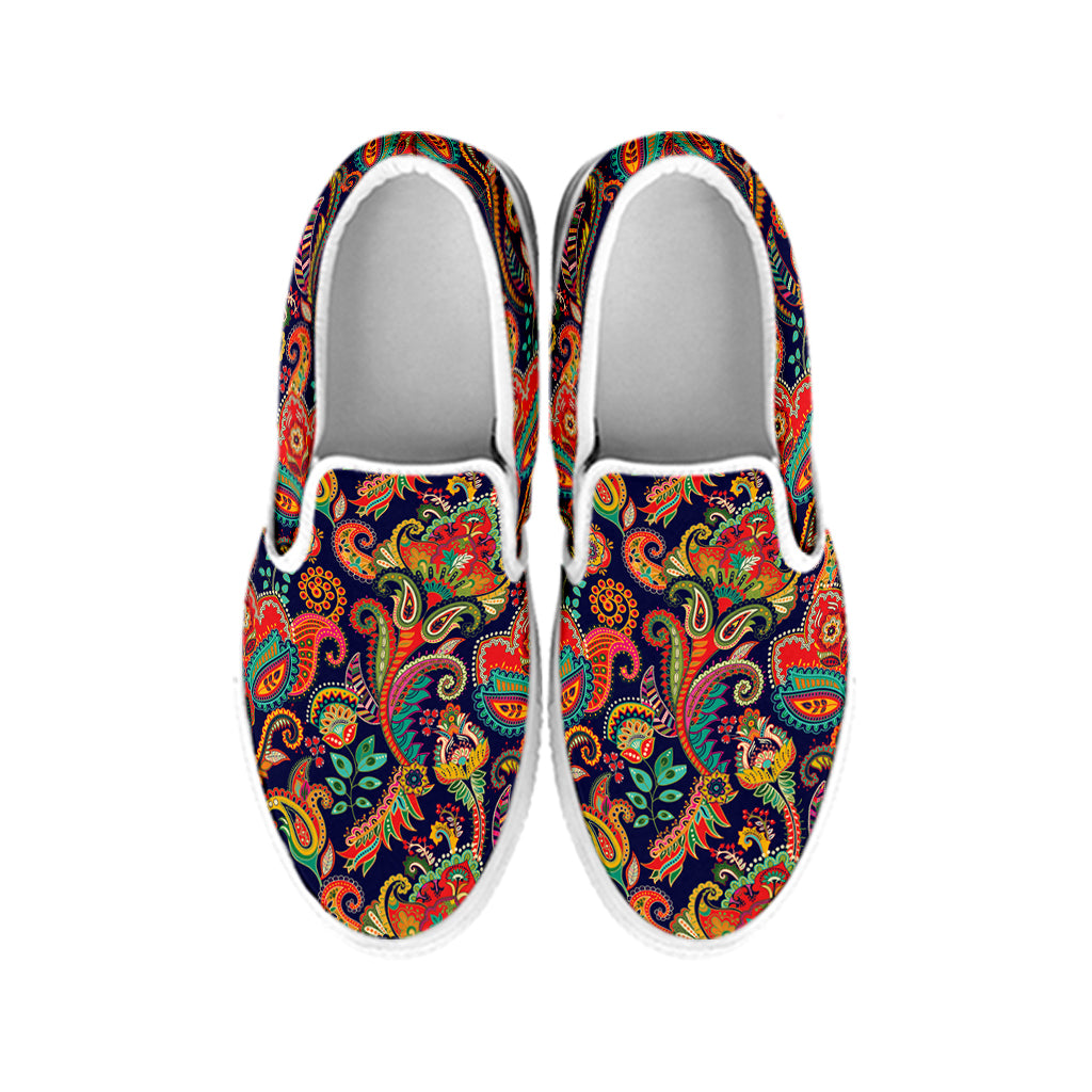 Indian Paisley Pattern Print White Slip On Shoes