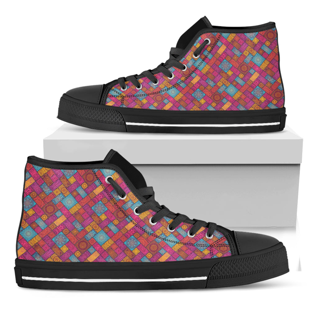 Indian Patchwork Pattern Print Black High Top Shoes