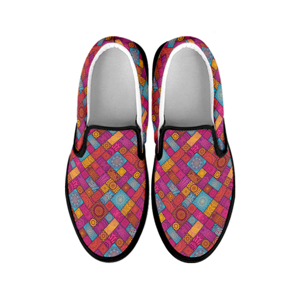 Indian Patchwork Pattern Print Black Slip On Shoes