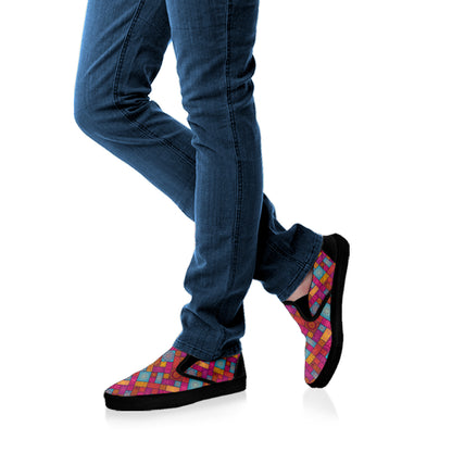 Indian Patchwork Pattern Print Black Slip On Shoes