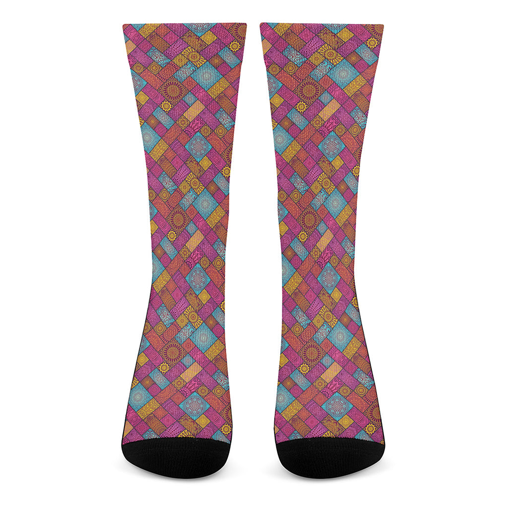 Indian Patchwork Pattern Print Crew Socks