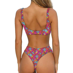 Indian Patchwork Pattern Print Front Bow Tie Bikini