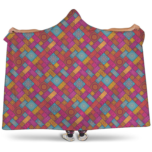 Indian Patchwork Pattern Print Hooded Blanket