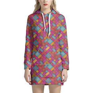 Indian Patchwork Pattern Print Hoodie Dress