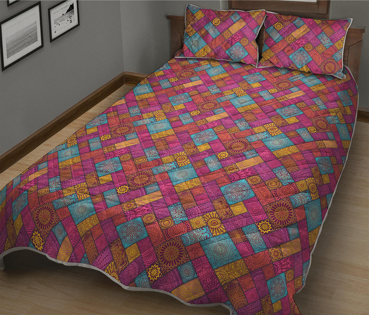 Indian Patchwork Pattern Print Quilt Bed Set