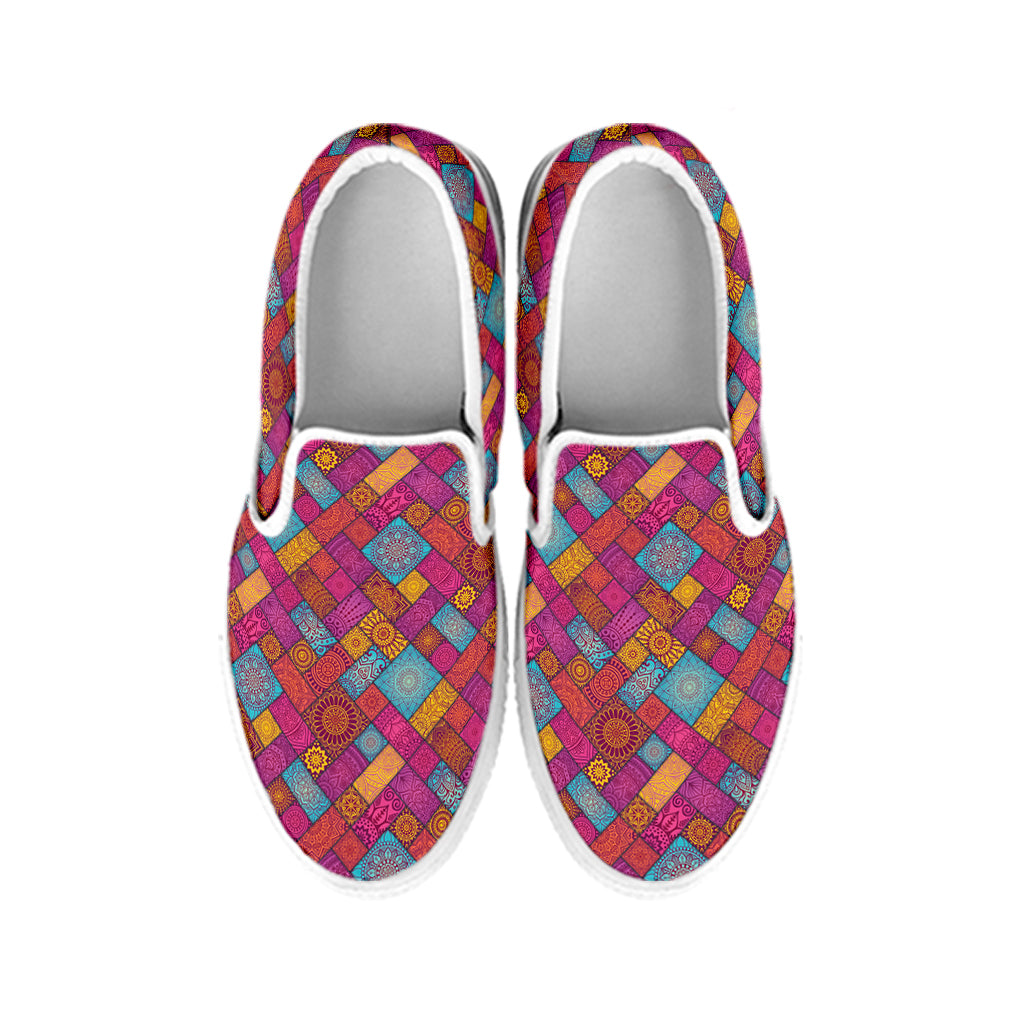 Indian Patchwork Pattern Print White Slip On Shoes