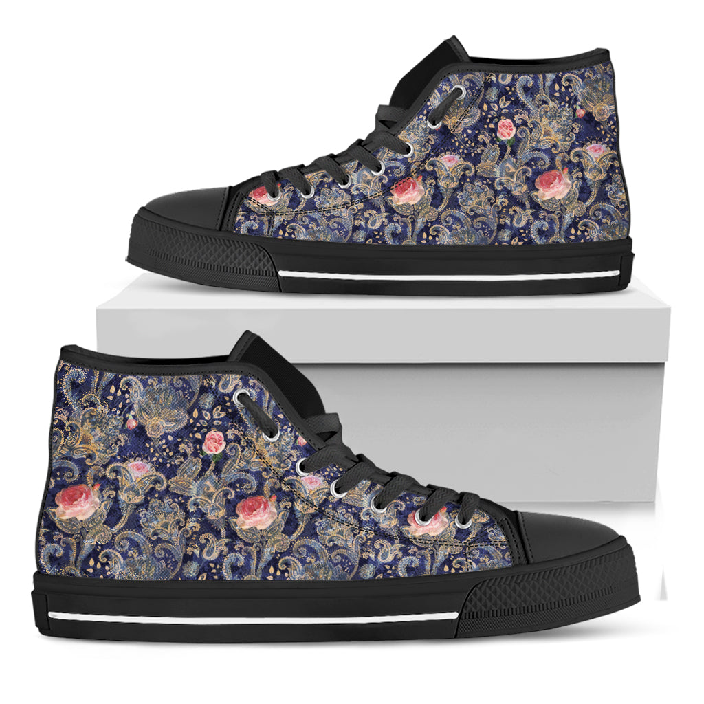 Indian Rose Paisley Pattern Print Black High Top Shoes