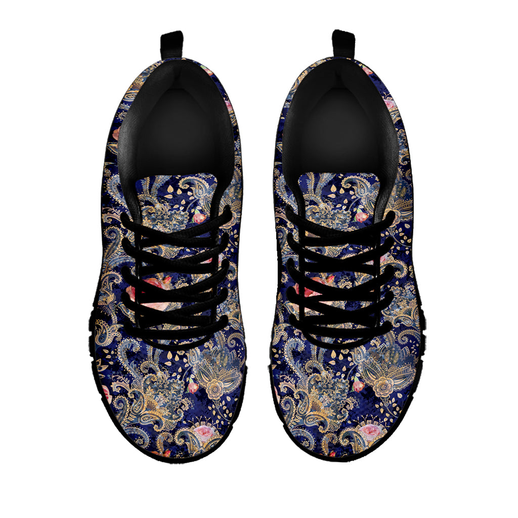 Indian Rose Paisley Pattern Print Black Sneakers