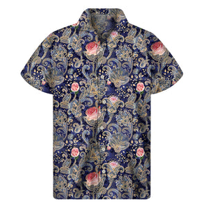 Indian Rose Paisley Pattern Print Men's Short Sleeve Shirt