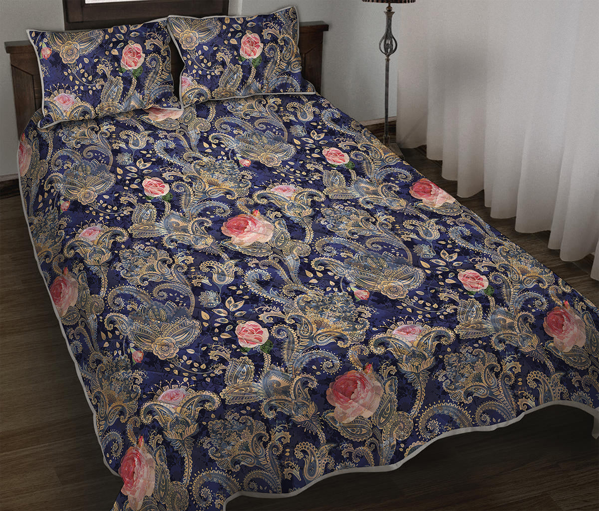 Indian Rose Paisley Pattern Print Quilt Bed Set