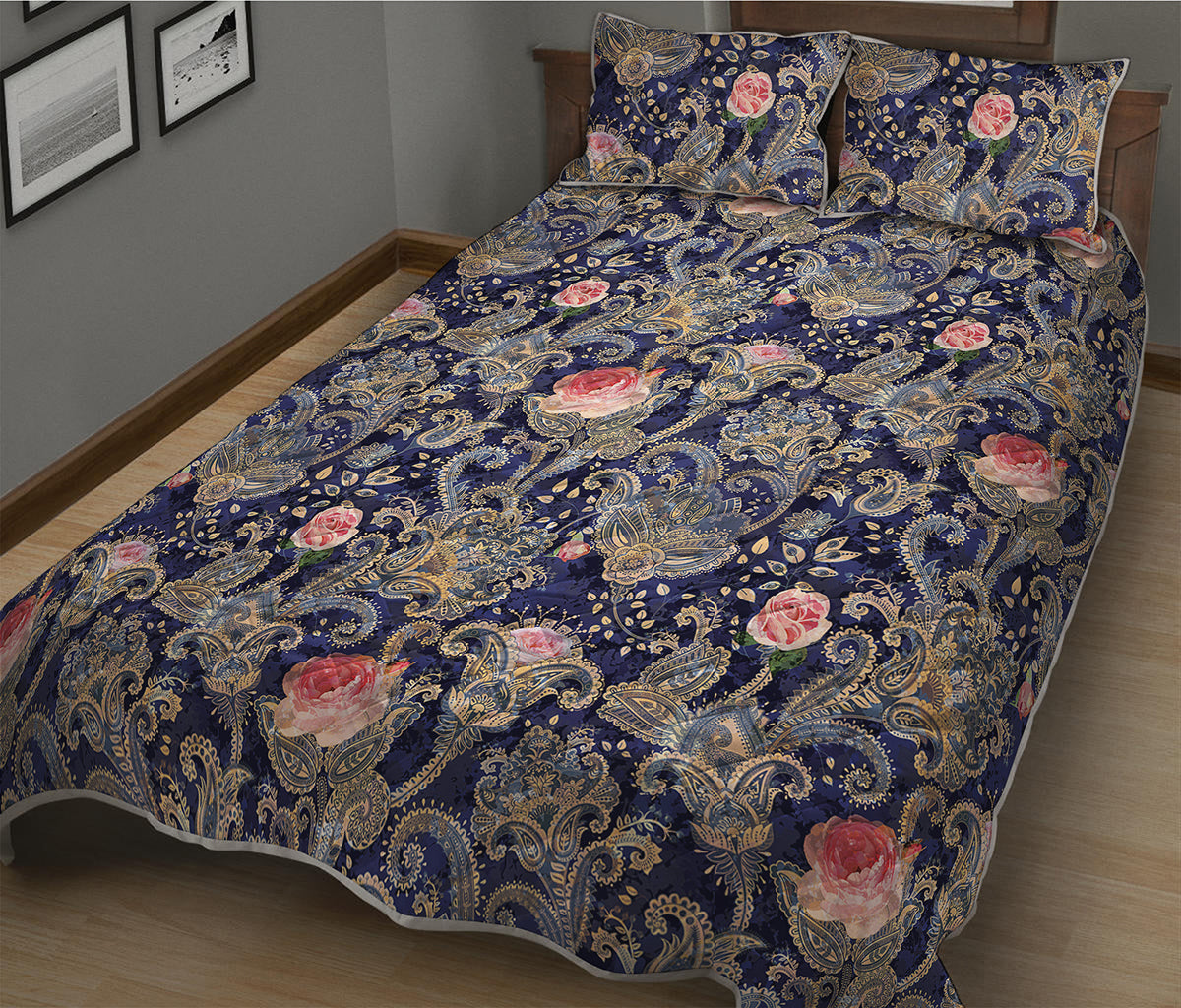 Indian Rose Paisley Pattern Print Quilt Bed Set