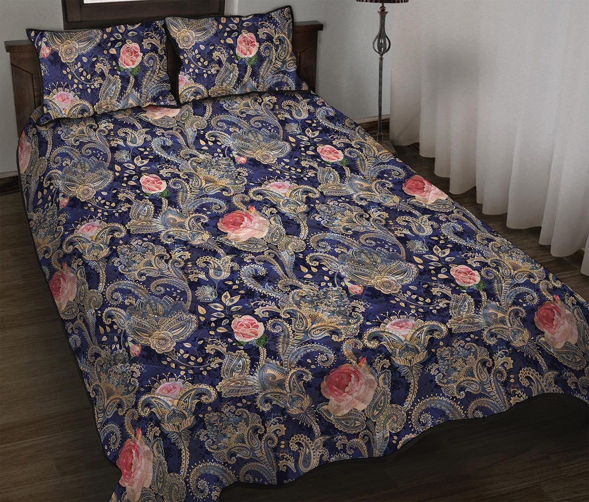 Indian Rose Paisley Pattern Print Quilt Bed Set