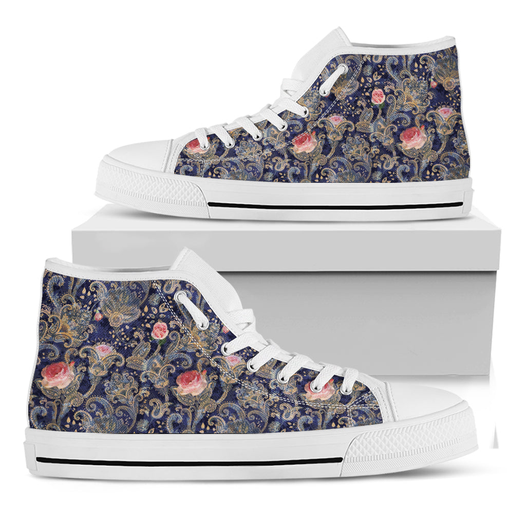 Indian Rose Paisley Pattern Print White High Top Shoes