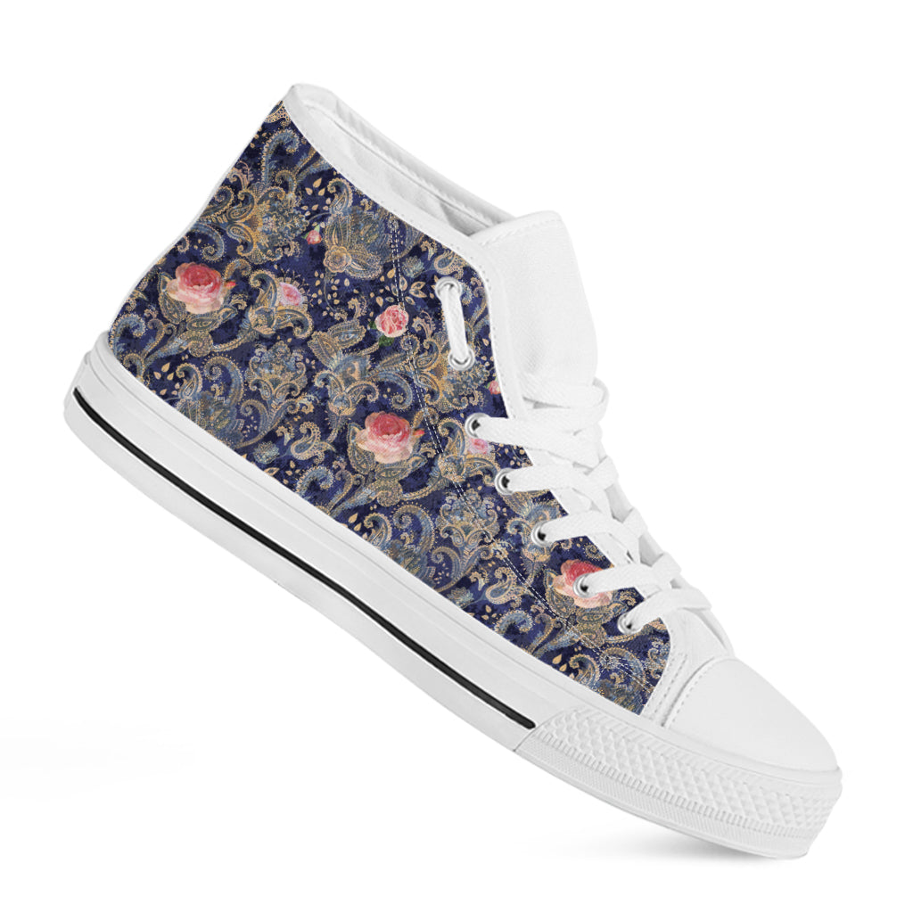 Indian Rose Paisley Pattern Print White High Top Shoes