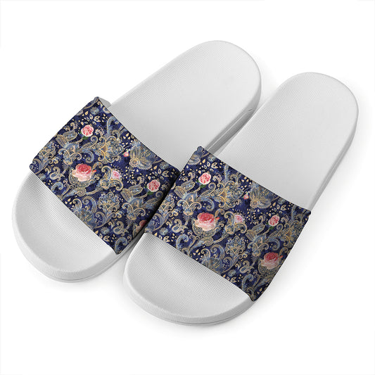 Indian Rose Paisley Pattern Print White Slide Sandals