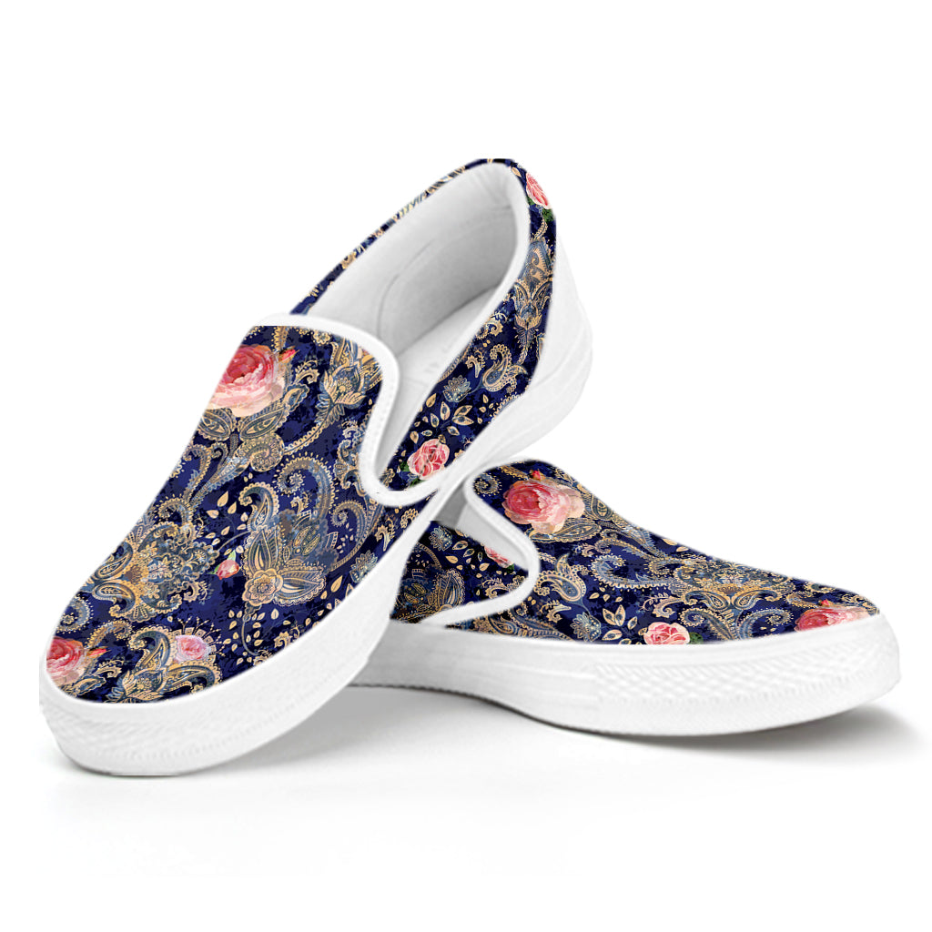 Indian Rose Paisley Pattern Print White Slip On Shoes