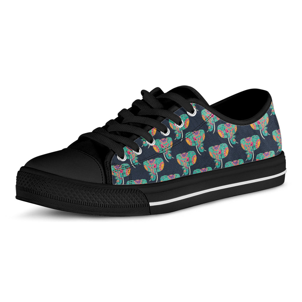 Indian Tribal Elephant Pattern Print Black Low Top Shoes