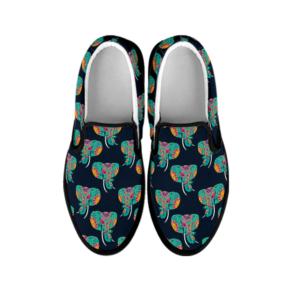 Indian Tribal Elephant Pattern Print Black Slip On Shoes