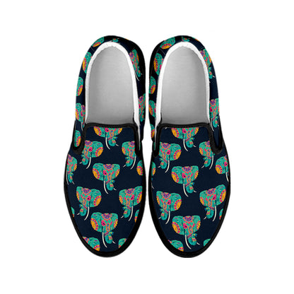 Indian Tribal Elephant Pattern Print Black Slip On Shoes