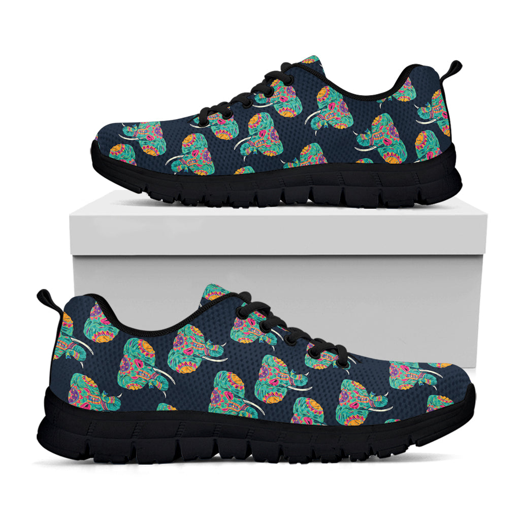 Indian Tribal Elephant Pattern Print Black Sneakers