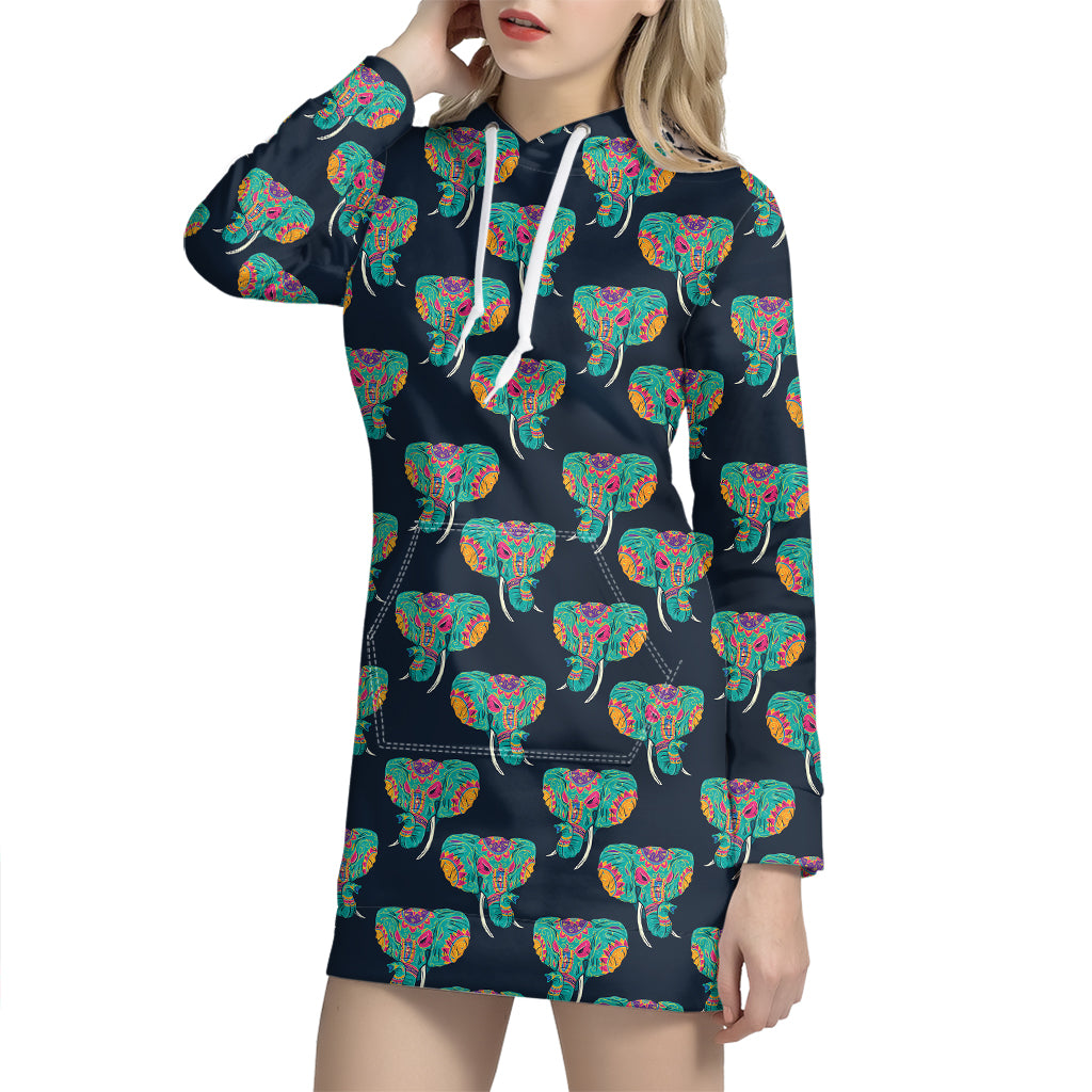 Indian Tribal Elephant Pattern Print Hoodie Dress