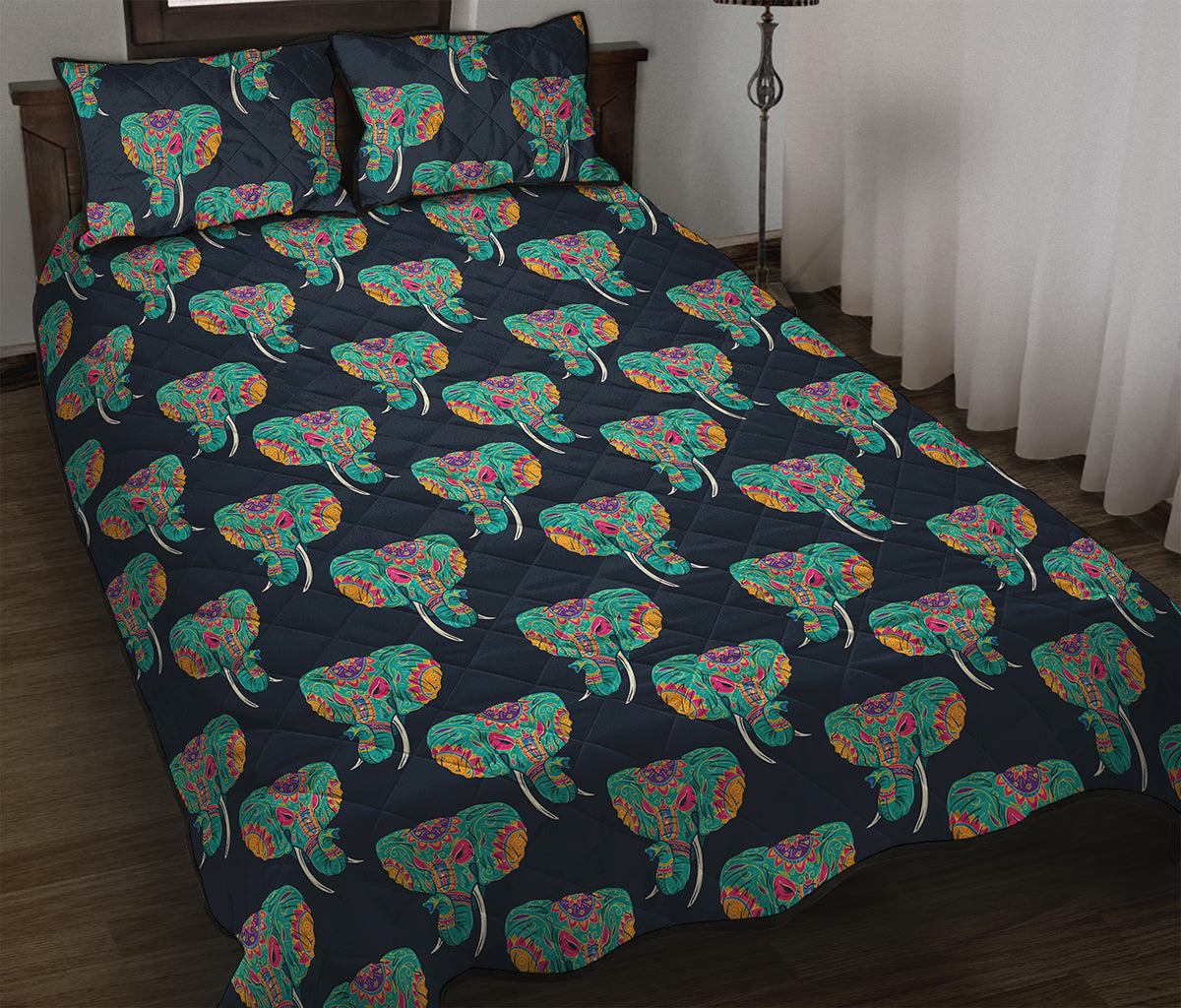 Indian Tribal Elephant Pattern Print Quilt Bed Set