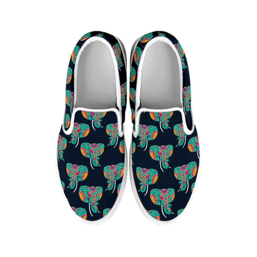 Indian Tribal Elephant Pattern Print White Slip On Shoes