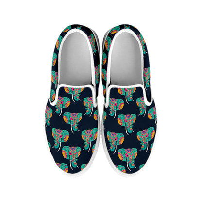 Indian Tribal Elephant Pattern Print White Slip On Shoes