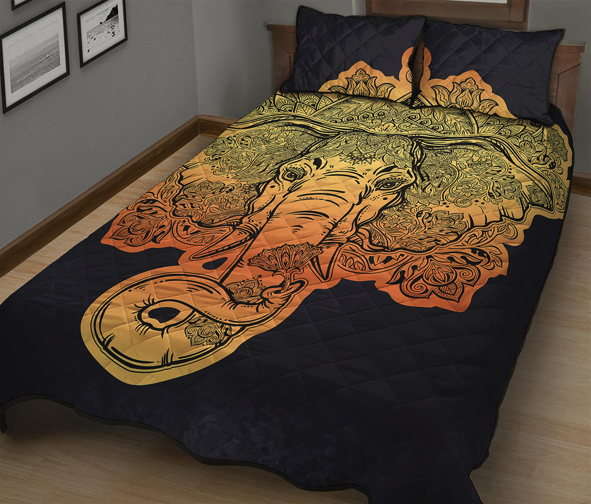 Indian Tribal Spiritual Elephant Print Quilt Bed Set
