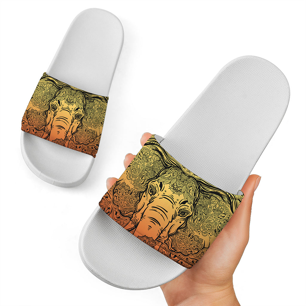 Indian Tribal Spiritual Elephant Print White Slide Sandals