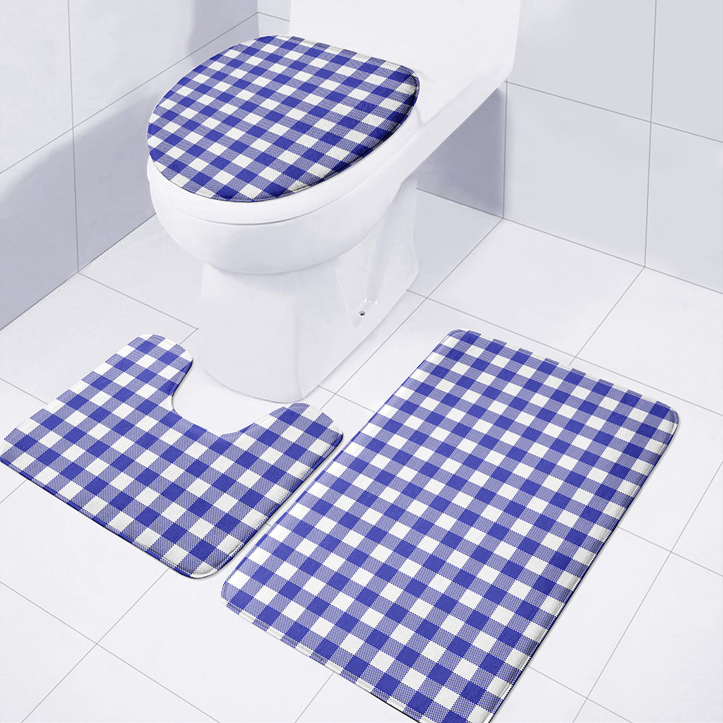 Indigo Blue And White Gingham Print 3 Piece Bath Mat Set