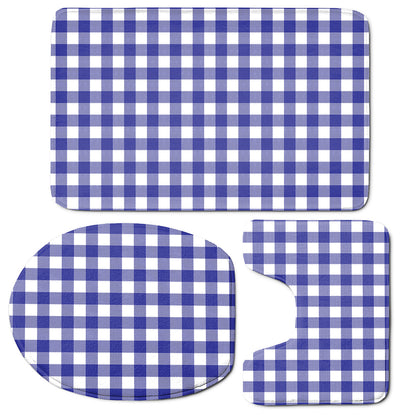 Indigo Blue And White Gingham Print 3 Piece Bath Mat Set