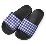 Indigo Blue And White Gingham Print Black Slide Sandals