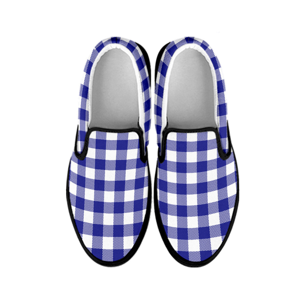 Indigo Blue And White Gingham Print Black Slip On Shoes