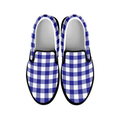 Indigo Blue And White Gingham Print Black Slip On Shoes