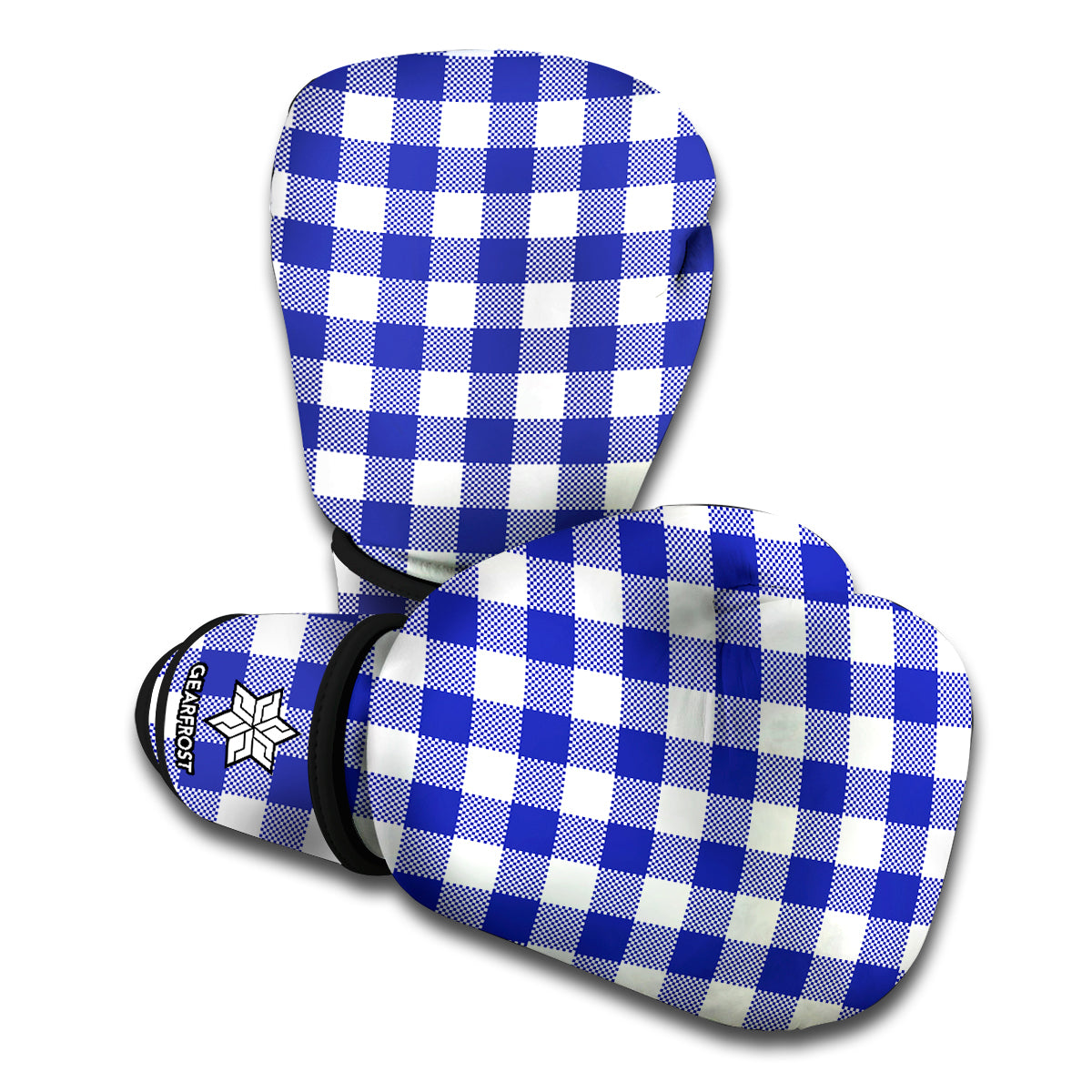 Indigo Blue And White Gingham Print Boxing Gloves