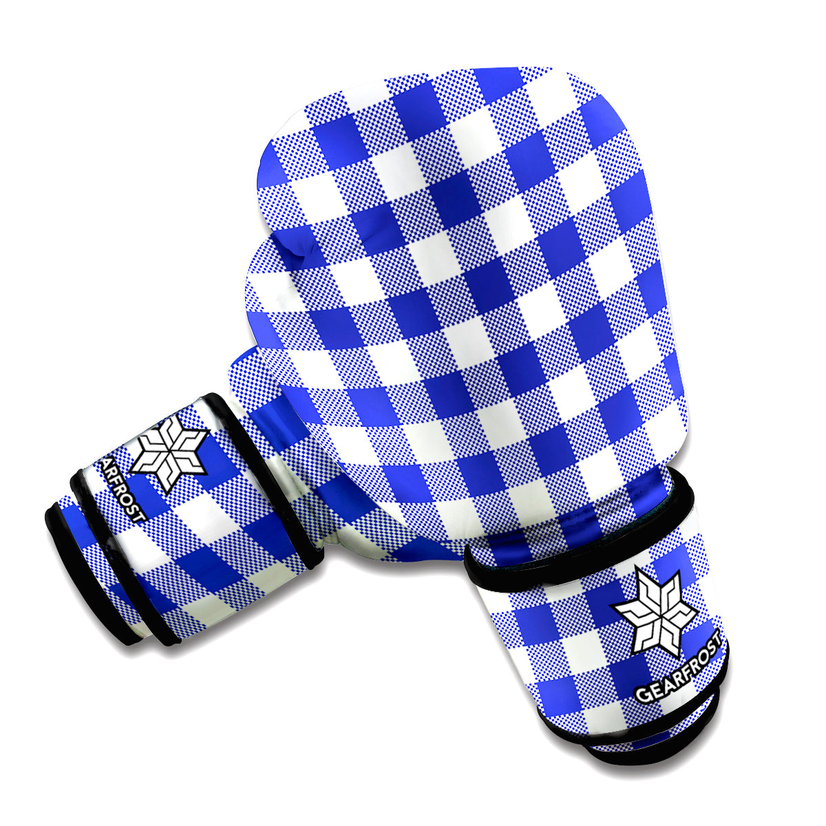 Indigo Blue And White Gingham Print Boxing Gloves