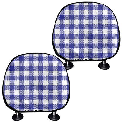 Indigo Blue And White Gingham Print Car Headrest Covers