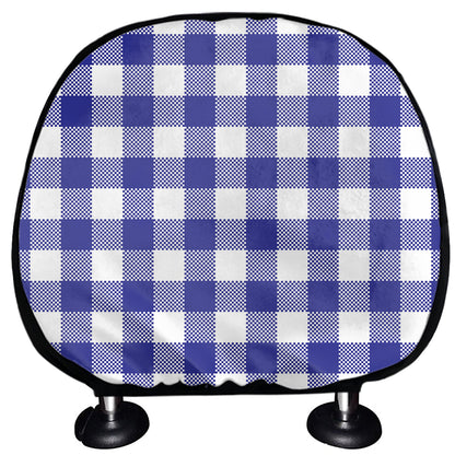 Indigo Blue And White Gingham Print Car Headrest Covers