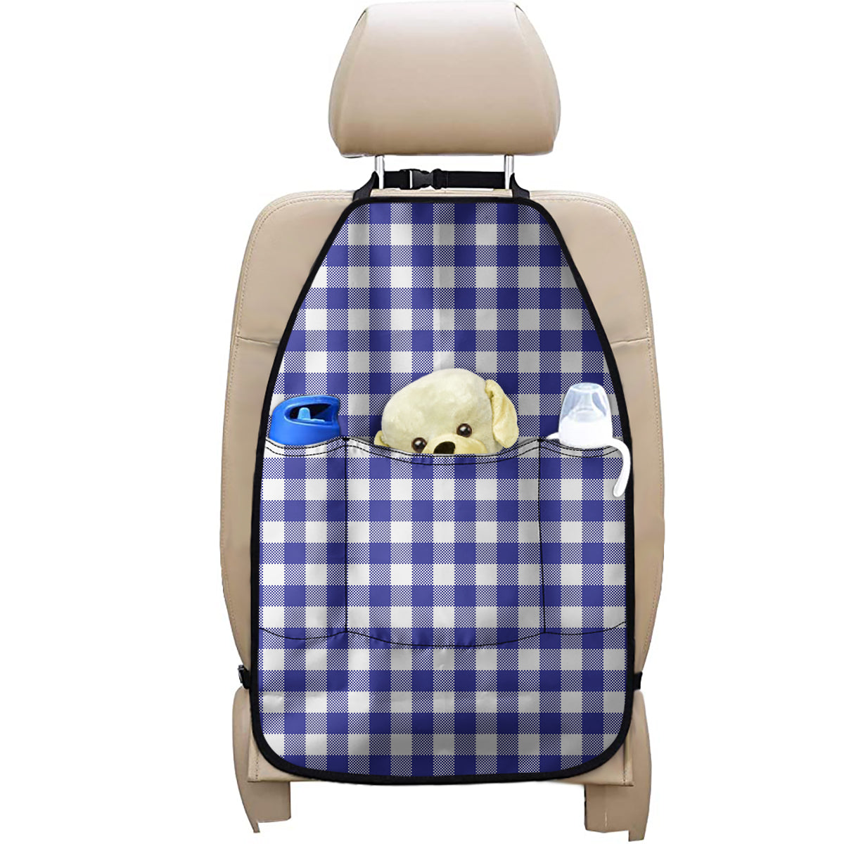 Indigo Blue And White Gingham Print Car Seat Organizers