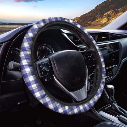 Indigo Blue And White Gingham Print Car Steering Wheel Cover