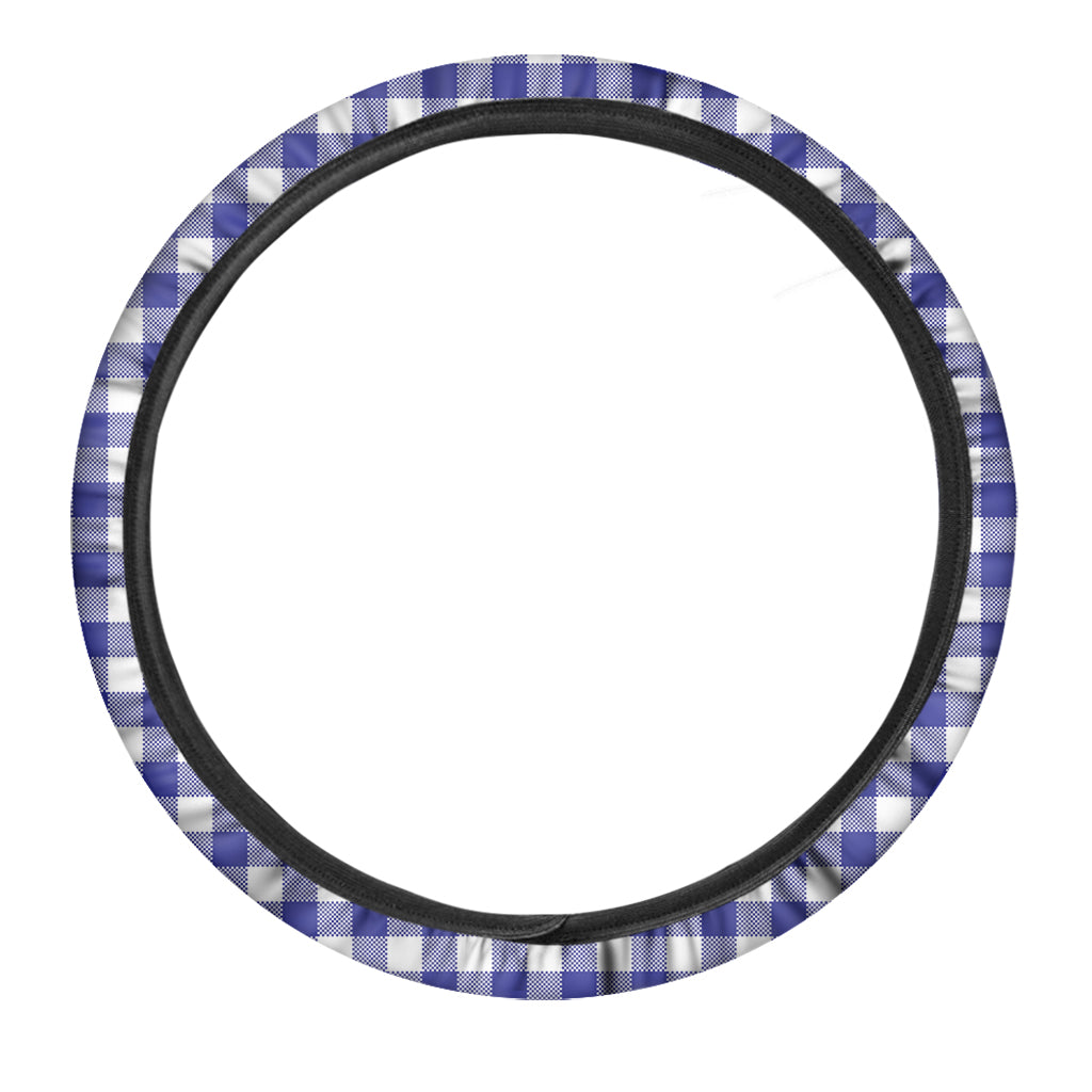 Indigo Blue And White Gingham Print Car Steering Wheel Cover