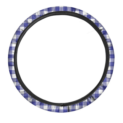 Indigo Blue And White Gingham Print Car Steering Wheel Cover