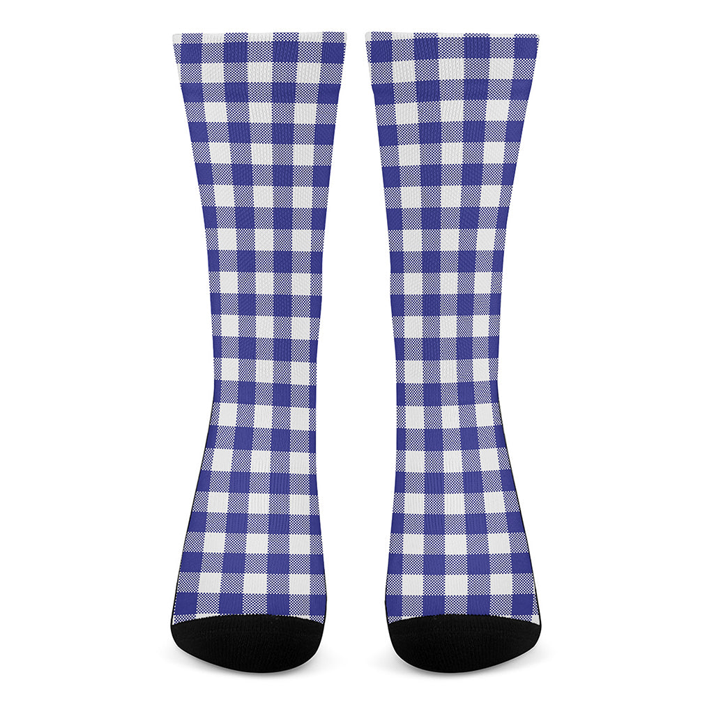 Indigo Blue And White Gingham Print Crew Socks