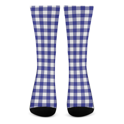 Indigo Blue And White Gingham Print Crew Socks