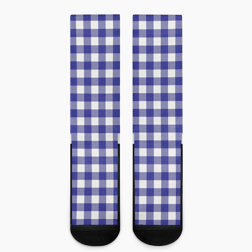 Indigo Blue And White Gingham Print Crew Socks
