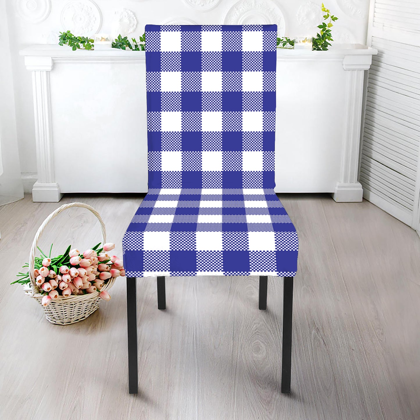 Indigo Blue And White Gingham Print Dining Chair Slipcover