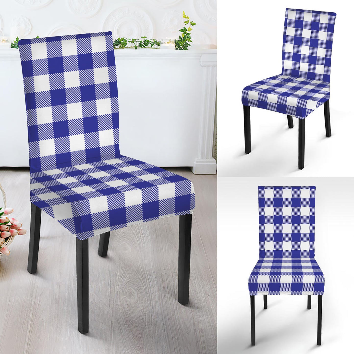 Indigo Blue And White Gingham Print Dining Chair Slipcover