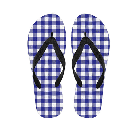 Indigo Blue And White Gingham Print Flip Flops
