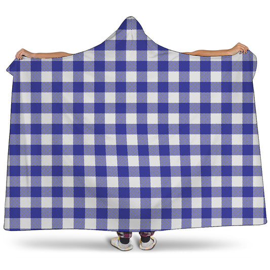 Indigo Blue And White Gingham Print Hooded Blanket